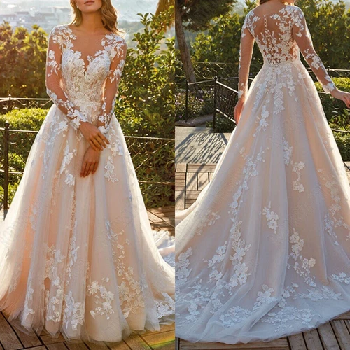 Plus Size A-Line Wedding Dresses V-Neck Long Sleeves Lace Appliques Bridal Gowns - Picture 2 of 8