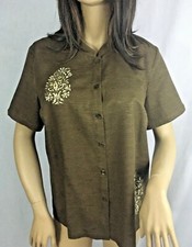 100 silk, short sleeve top, brown, embroidered details, M, chest 42", 8317