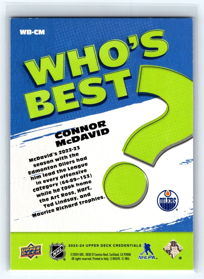 2023-24 Upper Deck UD Credentials Who's Best WB-CM Connor McDavid, Edmonton Oile - Image 2 of 2