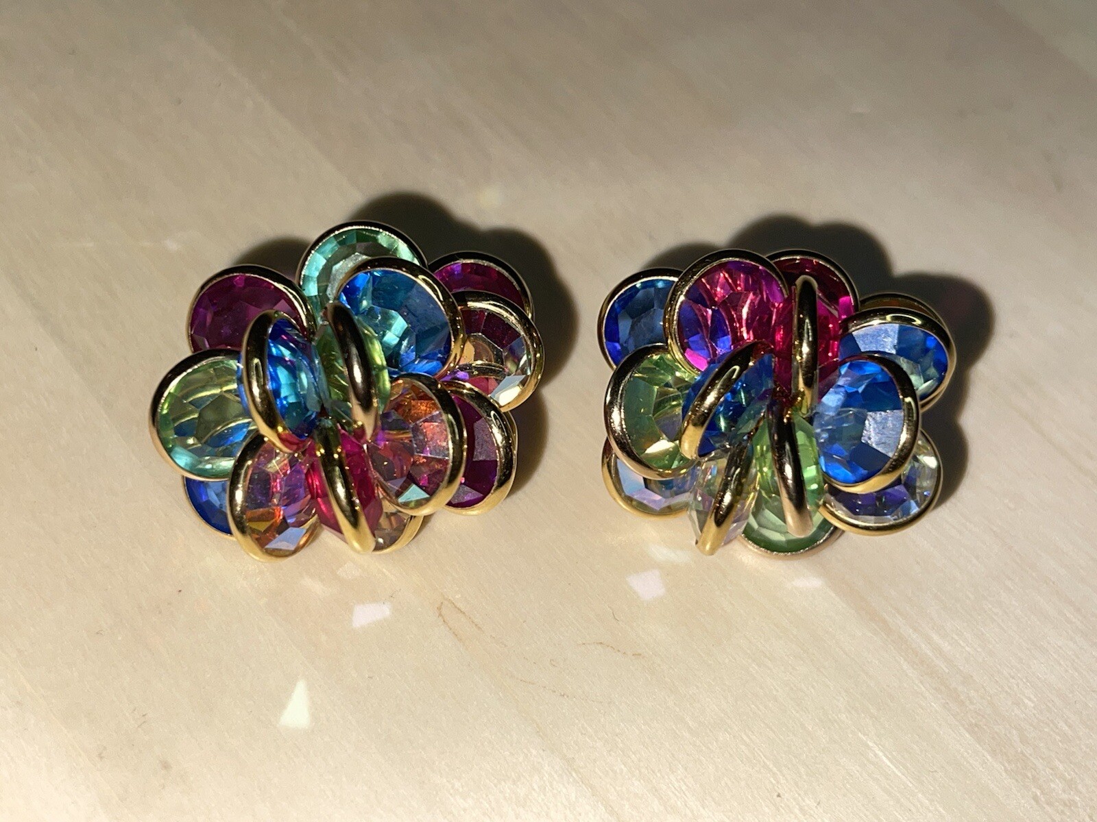Swarovski Clip Earrings, Multi-colored Crystal Au… - image 1