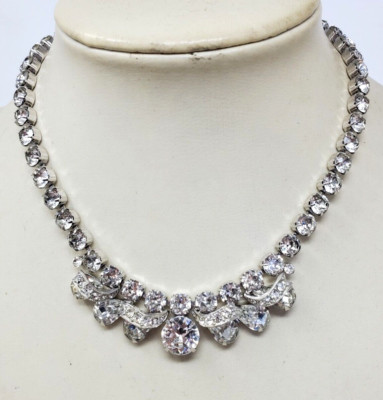 Eisenberg Rhinestone Necklace Vintage 50s Silver tone Rhodium Plated Signed EUC