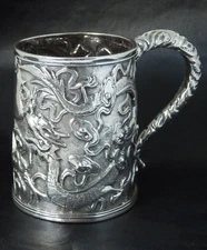 Rare Antique Chinese Solid Silver Tankard Mug By Kwong Man Shing Dragon Design