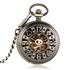 Steampunk Mens Automatic Pocket Watch Poker Skull with Pendant Chain Luxury Gift