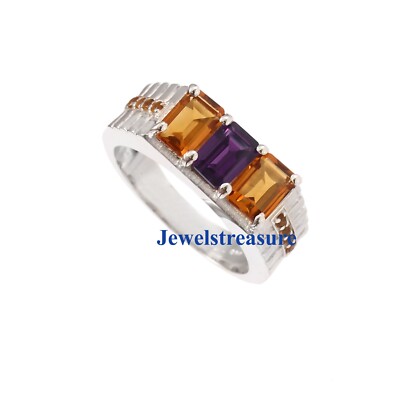 Natural Amethyst & Citrine  Gemstones with 925 Sterling Silver Ring For Men's #3