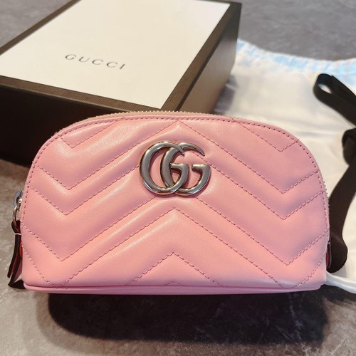 Gucci GG Marmont Cosmetic Pouch Pink Color Quilted Leather Gently+ Used Auth JPN - Picture 2 of 12