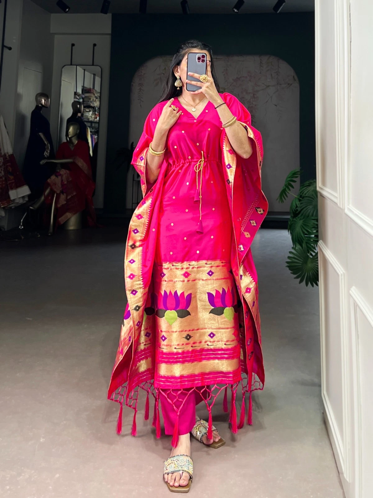 Indian Paithani Kaftan Pure Gaji Silk Abaya Women Moroccan Dubai Modest Wear Eid
