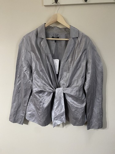 Eileen Fisher Silver Metallic Steel Satin Crinkle Tie Front Blazer Jacket XL NWT