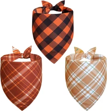 Fall Dog Bandanas XLarge 3PCS Plaid Stripe Reversible Triangle Scarf for Pets