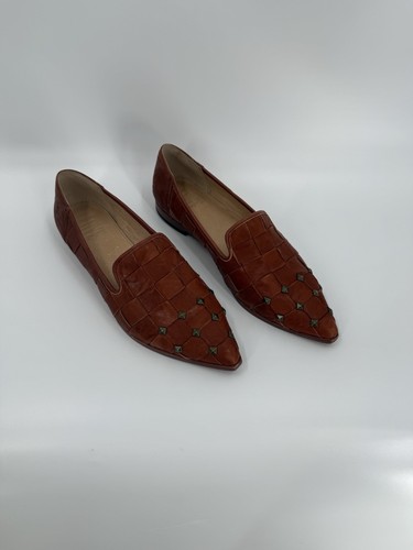 Frye Kenzie Nieten Cognac Leder geprägt spitz zulaufend flache Halbschuhe Größe 9,5