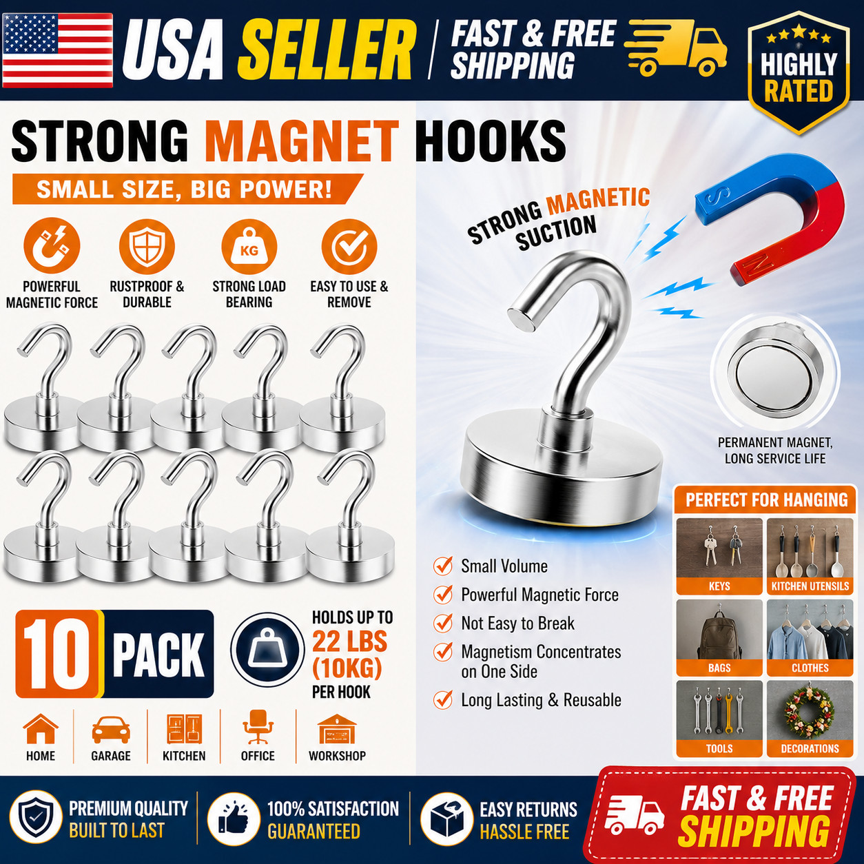 10 Pack Dia Strong Magnetic Hook Hanger N52 Neodymium Clamping Magnet Hooks USA