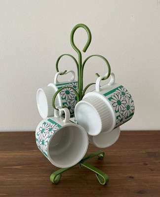 Vintage Crazy Daisy Mugs Set/4 with Stand Flower Power Retro Green White JAPAN