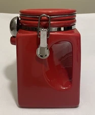 OGGI Ceramic Red Canister W/Spoon Airtight Seals No Damage 7.25” VINTAGE-EUC