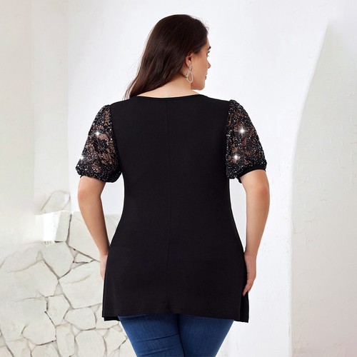 Plus Size Women Sequin Short Sleeve Tops Ladies Elegant Work Party Shirt Blouse - Picture 8 of 23