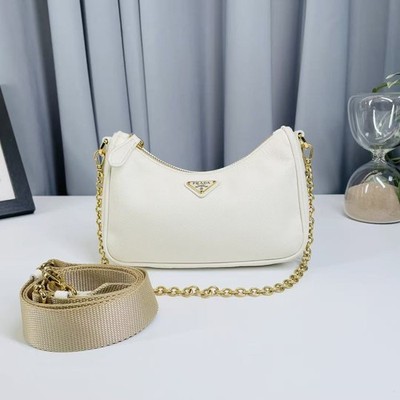 Prada Re-Edition 2005 Mini Hobo Bag White Saffiano Leather Gold Hardware 2WayBag