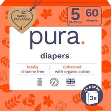 Diapers Size 5 Eco Friendly 24-35 lbs 60 Count 3 Pack Pura Organic