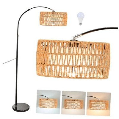 Arc Floor Lamp for Living Room, Stylish Rattan Boho Floor Lamp with 3 Original
