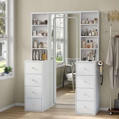 Full Length LED Vanity Mirror with Power Outlet, Vanity Desk, 8 Drawers, 3 Color