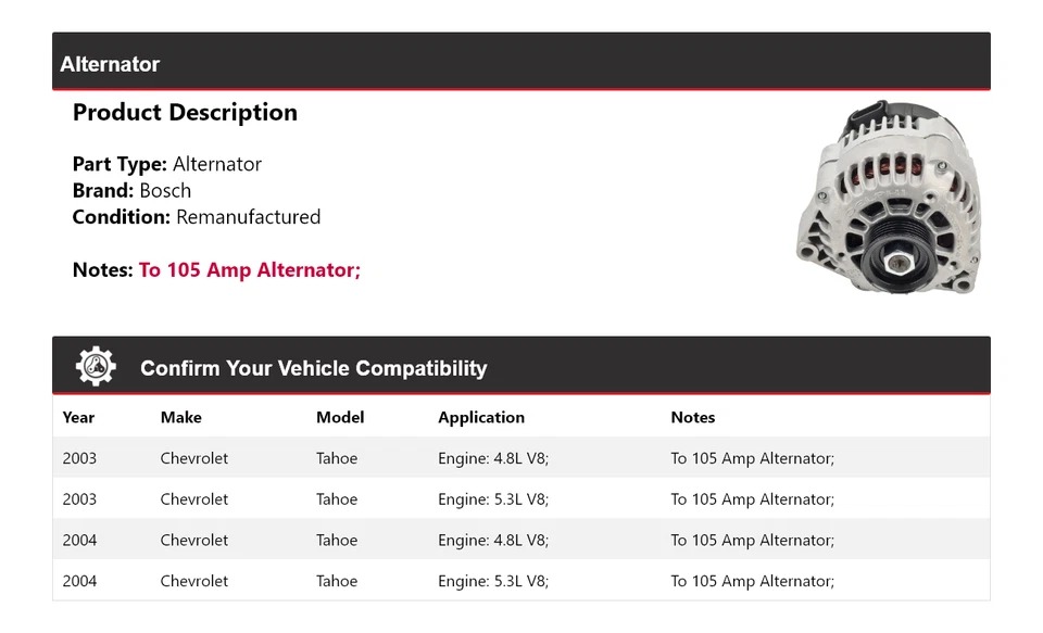 Alternador para Chevrolet Tahoe Bosch 2003-2004 (remanufacturado) Foto 2 de 4