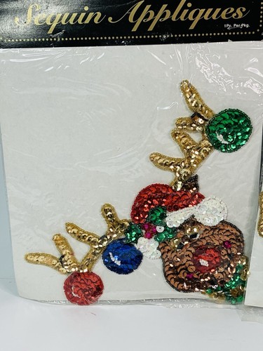 Vintage Christmas Sequin Fabric Applique Reindeer Rudolph Santa Moon - Picture 2 of 8