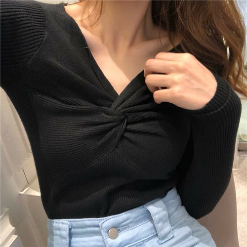 Sexy Damen-T-Shirt V-Ausschnitt Twist Knoten Strick schmale Passform Stretch Langarm Bluse - Bild 13 von 15