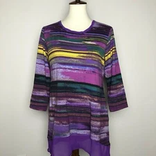 LOGO by Lori Goldstein Printed Knit Top with Chiffon Trim- Purple, XXS