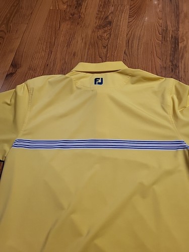 Footjoy Golf Polo Shirt SS Medium Yellow Blu Wht Striped EUC Stretch 44 X 28 - Picture 10 of 11