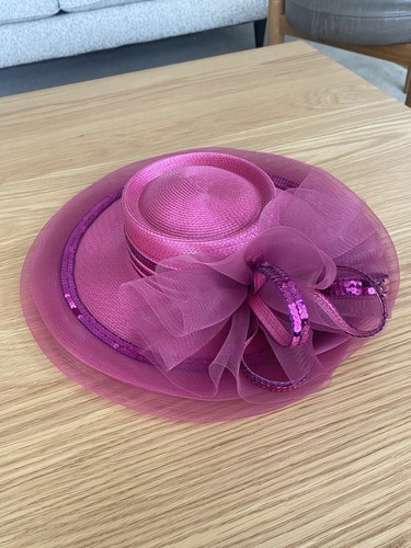 VTG Deborah New York Pink Straw Fashion Hat Kentucky Derby Sequin, Bow, Mesh