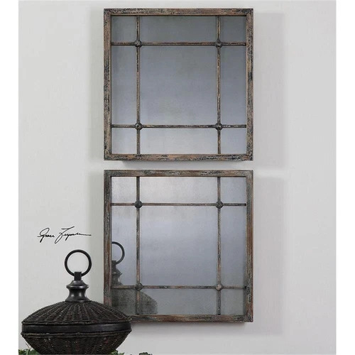 Uttermost Saragano Square Fir Wood Mirrors in Distressed Slate Blue (Set of 2) - Picture 2 of 5
