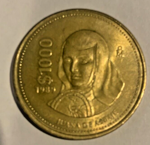 1989 MEXICO 1000 Pesos Juana de Asbaje Aluminum Bronze Large Cleaned Coin KM 536