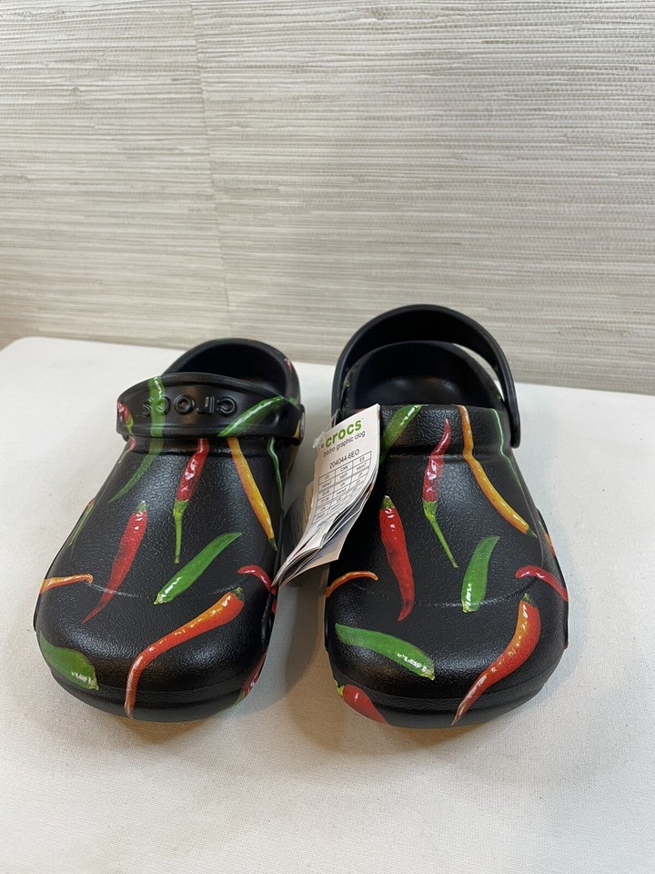 Crocs womens 7 chili peppers black slip on boys 5 unisex clogs graphics
