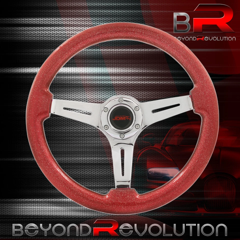 Plato profundo cromado madera roja 350 mm 3 radios volante de acero resistente + botón Foto 3 de 4