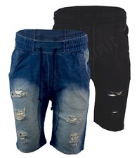 Mens Denim Distressed Ripped Frayed Style Shorts Elasticated waist XS-XXL 28-42