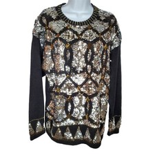 Vintage 80s Sequin Beaded Sweater L Black Silver Gold Glam Evening Party