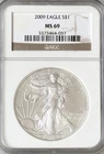 2009 $1 American Silver Eagle NGC MS69 1 Oz 0.999 Fine Bullion Coin Brown Label