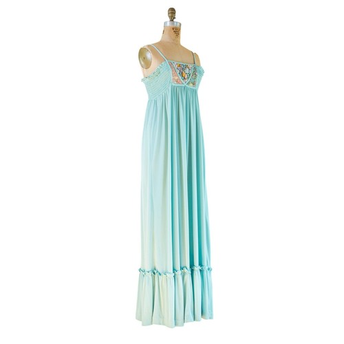 Vintage 70s Seafoam Green Maxi Sundress Empire Waist, Festival Summer Dress, S - Picture 12 of 13