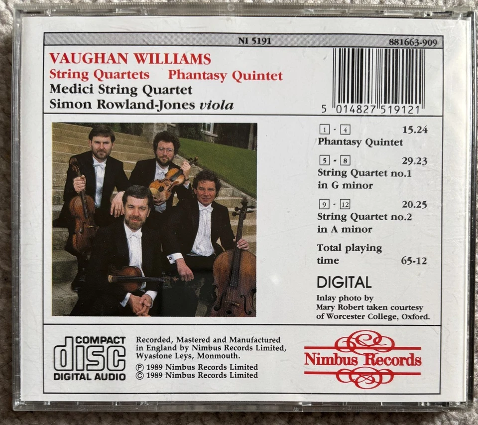 Vaughan Williams - String Quartets etc.- Medici Quartet - Nimbus CD NI 5191 - Image 2 of 4