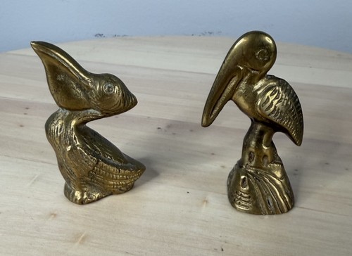Vintage Solid Brass Small Pelican Decor Figurine Paperweight Set Of 2