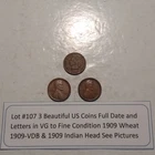 Lot #107 3 Beautiful Penny Coins 1909-P 1909-VDB 1909 Indian VG-F See Pictures