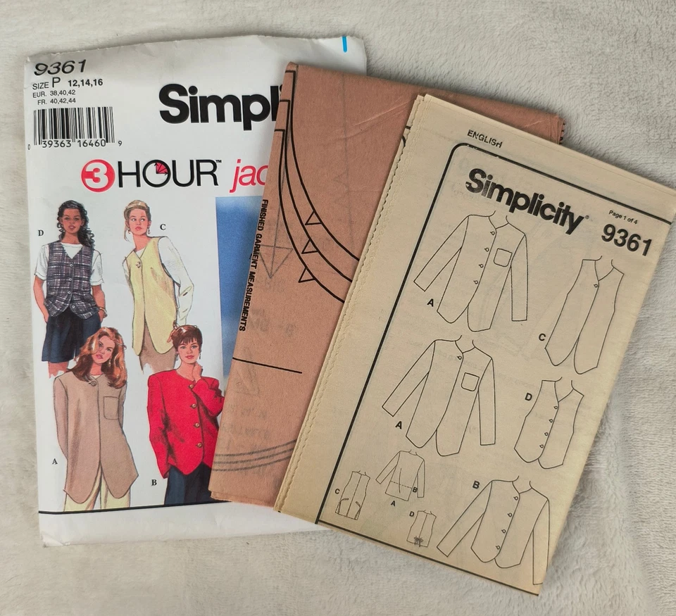 Vintage 90s Simplicity Pattern 9361 Jacket Vest 12 14 16 Uncut - Image 2 of 3
