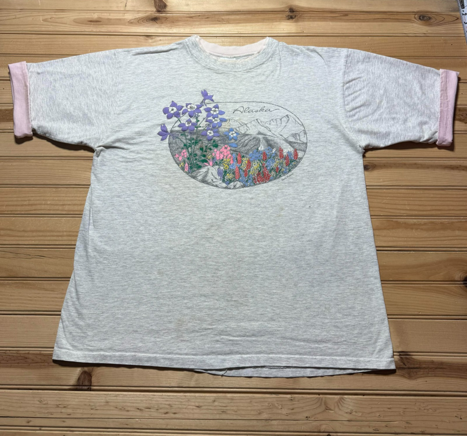 Vintage 80s 90s Alaska Wildflower Mountain Tourist Souvenir Ringer Shirt Size XL