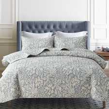 Botanical Quilt Set California King Size 3Pcs,Bluish Grey Printed with Beige Lea