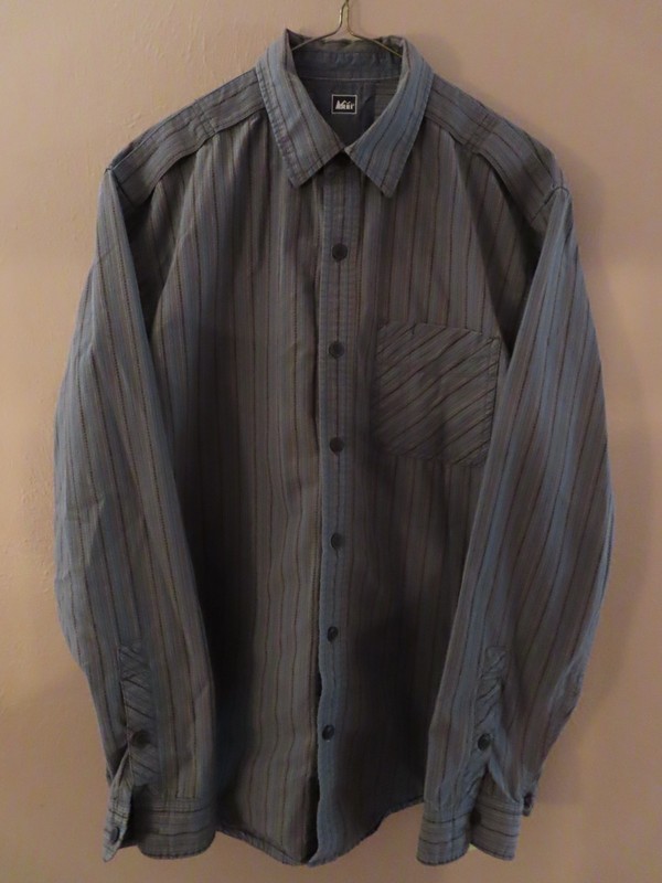 REI Mens Long Sleeve Shirt; Gry,Blk Blue Striped; Size M; Buttons