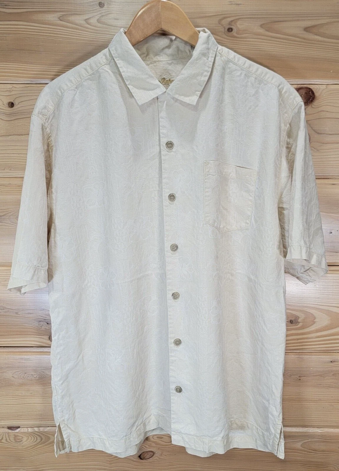 Tommy Bahama Silk Ghost Print Floral Hawaiian Shirt Men Large Beige