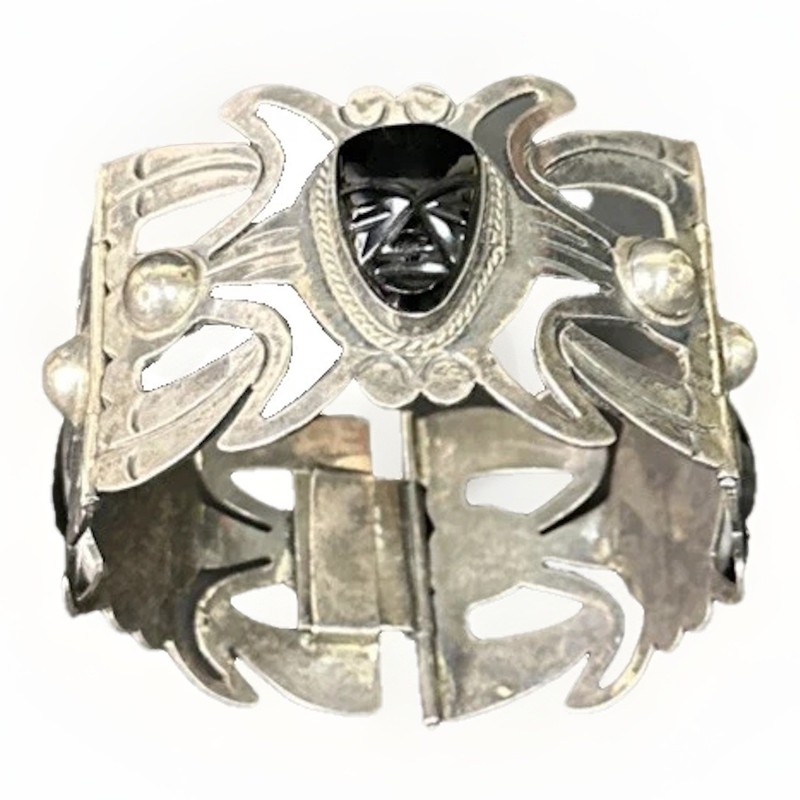 Taxco Mexico Sterling Silver Black Onyx Aztec Bracelet Large 925