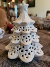 White Ceramic Christmas Tree Tea Light Candle Holder Vintage 6-1/2” Star Holiday