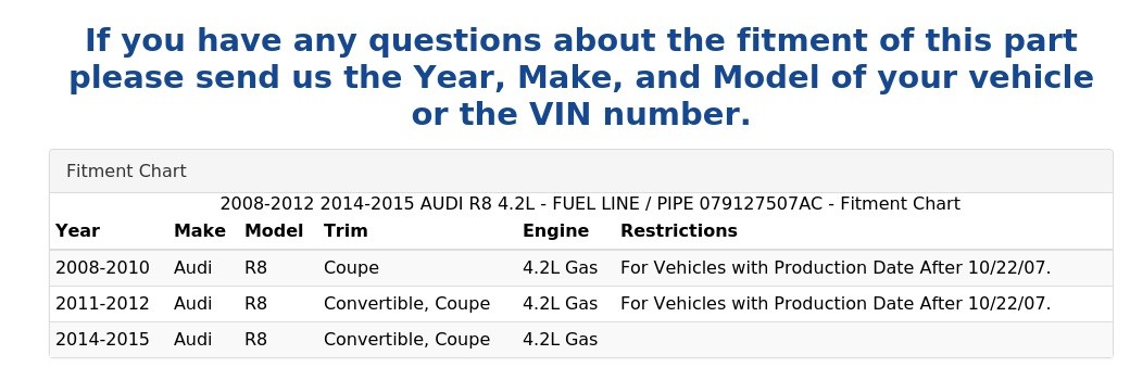 Audi R8 2008-2012 Fuel line P/N 079127507AC