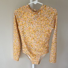Art Class Girls One Piece Swimsuit Long Sleeve Floral Yellow Orange S 6/7 