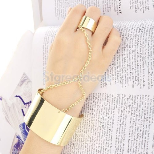Punk Golden Alloy Finger Ring to Wrist Bracelet Cuff Bangle Slave Link Chain