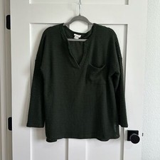 BiBi Women's M V Neck Waffle Knit Pocket Henley Forest Green Slouchy Pullover
