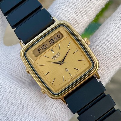 Orologio Uomo Vintage Seiko Quarzo Placcato Oro Ana/Digi Sveglia